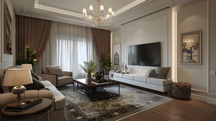 Elegant living room interior design with luxurious furniture and detailed decor elements for a sophisticated home atmosphere. 