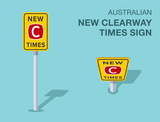 Traffic regulation rules. Isolated Australian "new clearway times" road sign. Front and top view. Flat vector illustration template.
