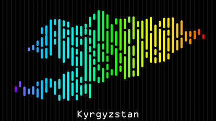 A map of Kyrgyzstan is presented in the form of colorful vertical lines against a dark background. The country's borders are depicted in the shape of a rainbow-colored diagram.