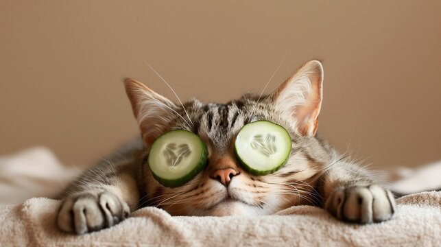 a cat with a cucumber mask on its face