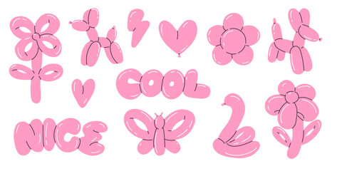 Balloon animals. inflatable dog flower and butterfly. Pink glossy decorative rubber toy. Birthday celebration party festive y2k decor. Children holidays vector cartoon flat style isolated illustration