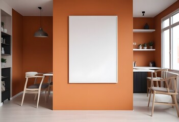 Modern cafe interior with tables, natural light, chairs, and a large blank poster on an orange wall, a concept of advertising space. 3D Rendering