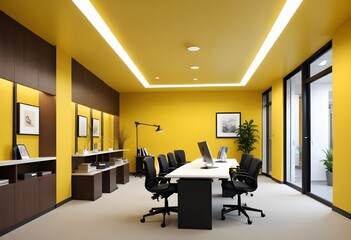 Interior  yellow office with a yellow wall and a yellow light