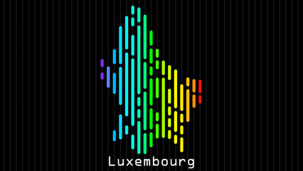A map of Luxembourg is presented in the form of colorful vertical lines against a dark background. The country's borders are depicted in the shape of a rainbow-colored diagram.