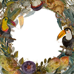 Tropical watercolor Wildlife Frame with Exotic Birds and Animals, lush greenery, and vibrant colors