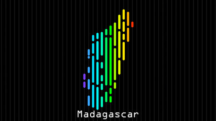 A map of Madagascar is presented in the form of colorful vertical lines against a dark background. The country's borders are depicted in the shape of a rainbow-colored diagram.