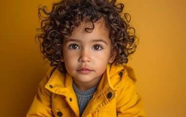 A genderfluid Arab toddler with curly hair wearing a bright yellow jacket