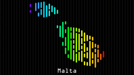 A map of Malta is presented in the form of colorful vertical lines against a dark background. The country's borders are depicted in the shape of a rainbow-colored diagram.