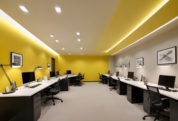 A yellow office with a black desk and a black chair.