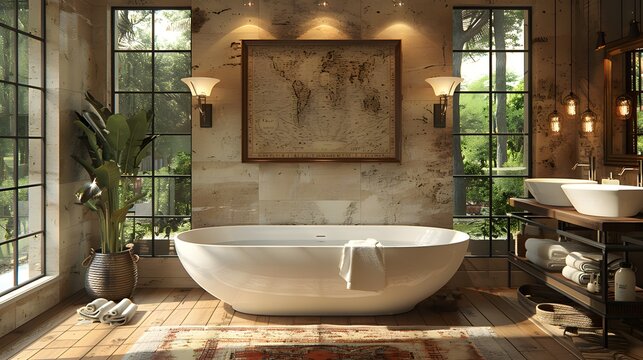 Elegant bathroom interior with a standalone bathtub, rustic charm, and serene natural lighting creates a luxurious and inviting space for relaxation. 