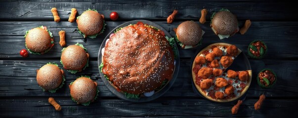 Top view of a variety of gourmet burgers, fried chicken pieces, and fresh vegetables on a dark wooden table setting. - Powered by Adobe