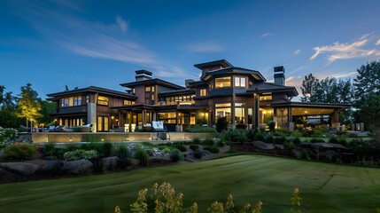 Fototapeta premium Luxurious modern house illuminated at dusk with landscaped garden and expansive lawn.