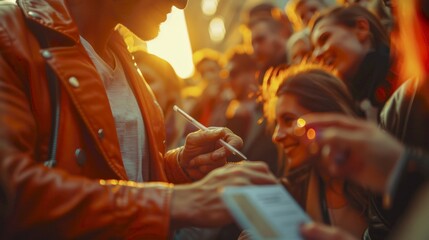 Closeup of a celebrity signing autographs