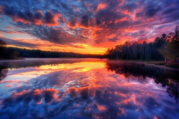 Malowniczy zachód słońca nad jeziorem, gdzie niebo maluje się intensywnymi odcieniami czerwieni, pomarańczu i fioletu.
