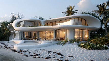 Modern luxury beach house with large windows, curved architecture, and pool at twilight surrounded by tropical palm trees and white sand.