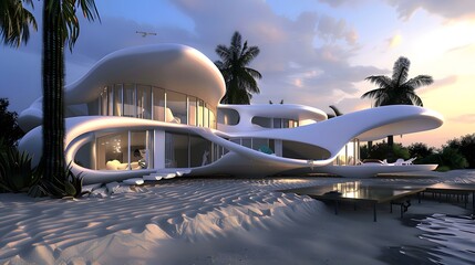 Futuristic luxury villa with smooth white curves nestled among palm trees at sunset on a tropical beach, reflecting opulence and modern architecture 
