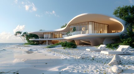 Futuristic beach house with a modern design aesthetic set against a tropical environment and clear blue sky 