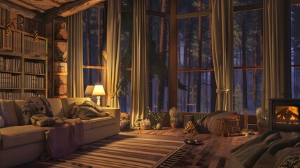Cozy cabin interior with warmth from a fireplace and a comfortable living area surrounded by forest at dusk 