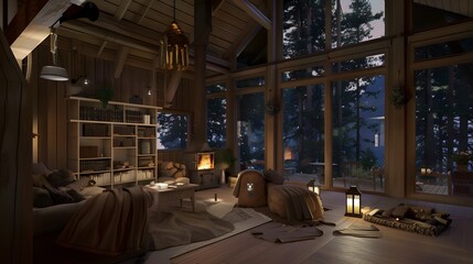 Fototapeta premium Cozy cabin interior at night with warm lighting and forest view through large windows 