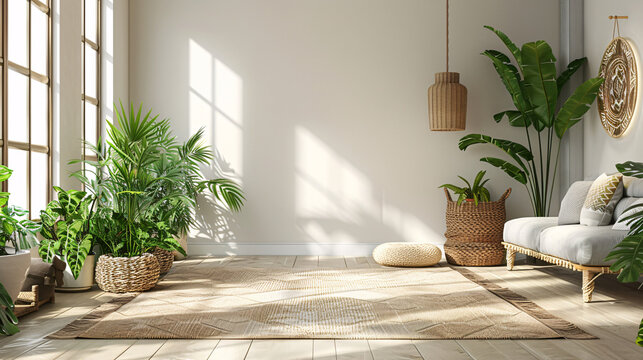 Modern room with boho houseplants, chic furnishings, and a bright, minimalist design