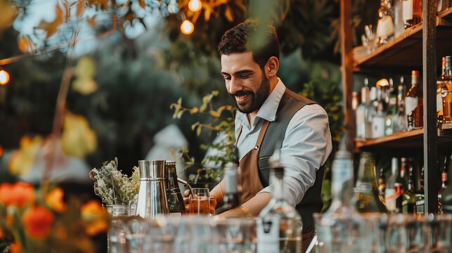 Bartender Working at a Private Event: At a private event, a bartender sets up a portable bar, serving a variety of beverages to guests and maintaining a lively atmosphere throughout the evening 