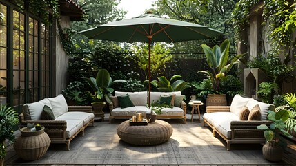 Elegant outdoor patio setup with comfortable furniture and green plants under a calming shaded area