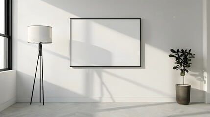 Modern interior with a blank picture frame, floor lamp, and plant casting shadows on a white wall in a clean minimalist setting. 