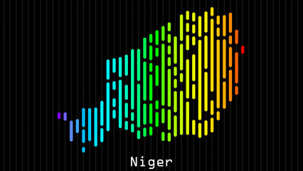 A map of Niger is presented in the form of colorful vertical lines against a dark background. The country's borders are depicted in the shape of a rainbow-colored diagram.