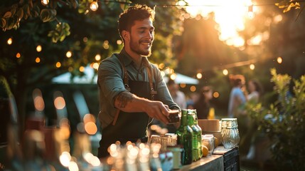 Bartender Working at a Private Event: At a private event, a bartender sets up a portable bar, serving a variety of beverages to guests and maintaining a lively atmosphere throughout the evening 