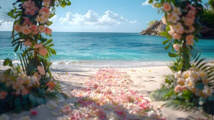 Tropical beach wedding arch with floral decorations overlooking a serene ocean scene, perfect for romantic getaways or ceremony backdrops