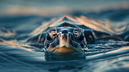 A close-up of a curious sea turtle peeking its head above the waters surface