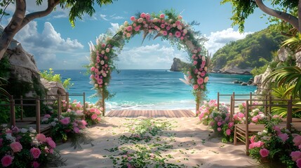 Idyllic beach wedding setup with a floral arch overlooking a serene sea view, under a sunny sky contrasted by lush greenery. - Powered by Adobe