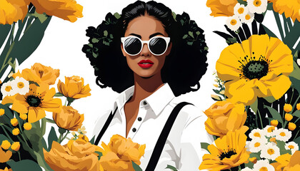Background in graphic collage style with flowers, pixel art and bright colors, 30 year old girl in a white shirt wearing dark round black glasses with a bouquet of flowers, background for advertising 