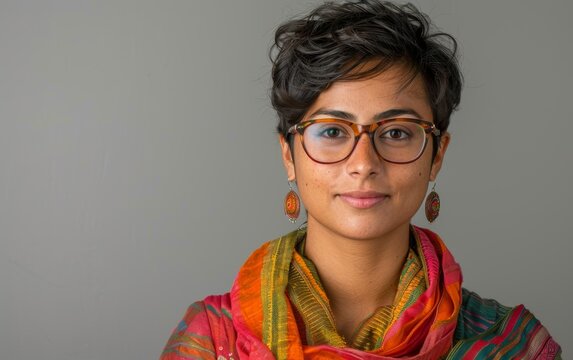 An adult genderqueer person of Indian descent wearing glasses and a scarf