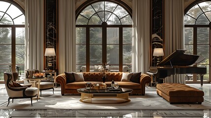 Fototapeta premium Luxurious living room interior with grand piano and elegant furniture bathed in natural light from large arched windows. 
