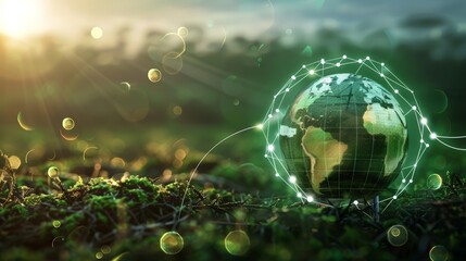 A globe with a green and blue color is placed on a green grass