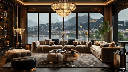 Luxurious living room interior with modern furniture and panoramic view of a city skyline at night 