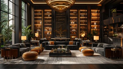 Opulent hotel lobby with modern furniture and luxurious decor illuminated by a grand chandelier 