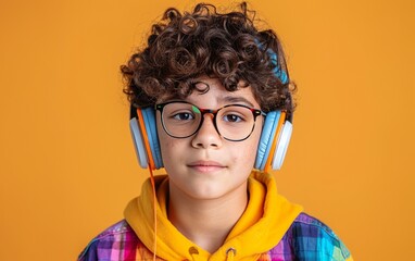 A young Hispanic genderqueer child wearing glasses and a yellow hoodie