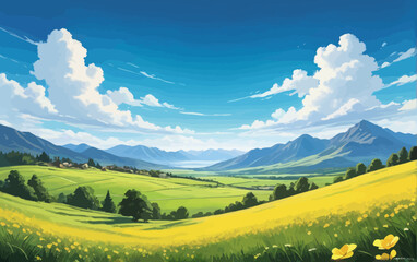 a painting of a green field with mountains in the background
