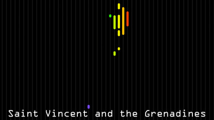 A map of Saint Vincent and the Grenadines is presented in the form of colorful vertical lines against a dark background. The country's borders are depicted in the shape of a rainbow-colored diagram.