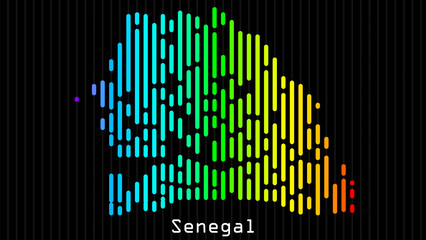 A map of Senegal is presented in the form of colorful vertical lines against a dark background. The country's borders are depicted in the shape of a rainbow-colored diagram.