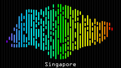 A map of Singapore is presented in the form of colorful vertical lines against a dark background. The country's borders are depicted in the shape of a rainbow-colored diagram.