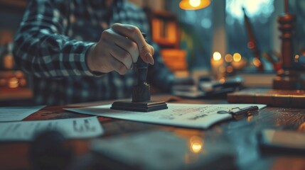 Copyright Hand stamping a copyright symbol on a document close up, focus on stamp intellectual property realistic, Silhouette, office desk