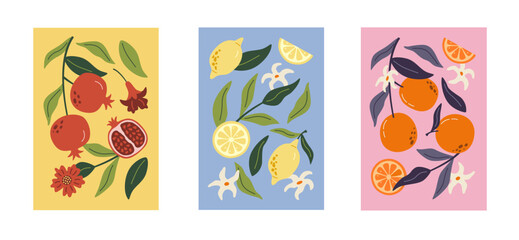 Collection of abstract prints contemporary art. Summer hand drawn fruits. Pomegranates, lemon and orange. Modern design for posters, cards, prints.