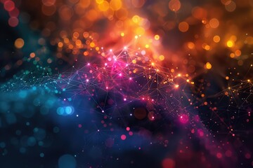 Obraz premium Abstract data visualization, interconnected nodes, vibrant colors, digital network, high resolution, modern design,