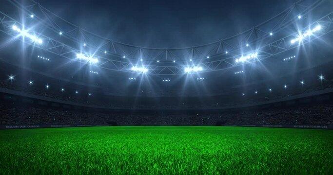 Modern sport stadium at night and soccer or football field ready for the match. Professional 4K video loop for sports advertisement.	