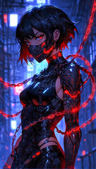 Fototapeta na wymiar Portrait of an anime style cyberpunk female ninja warrior on a dark moody and atmospheric background