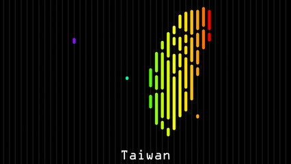 A map of Taiwan is presented in the form of colorful vertical lines against a dark background. The country's borders are depicted in the shape of a rainbow-colored diagram.