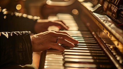 Musician Composing Music: At a piano, a musician composes new music, experimenting with chords and melodies to create unique compositions